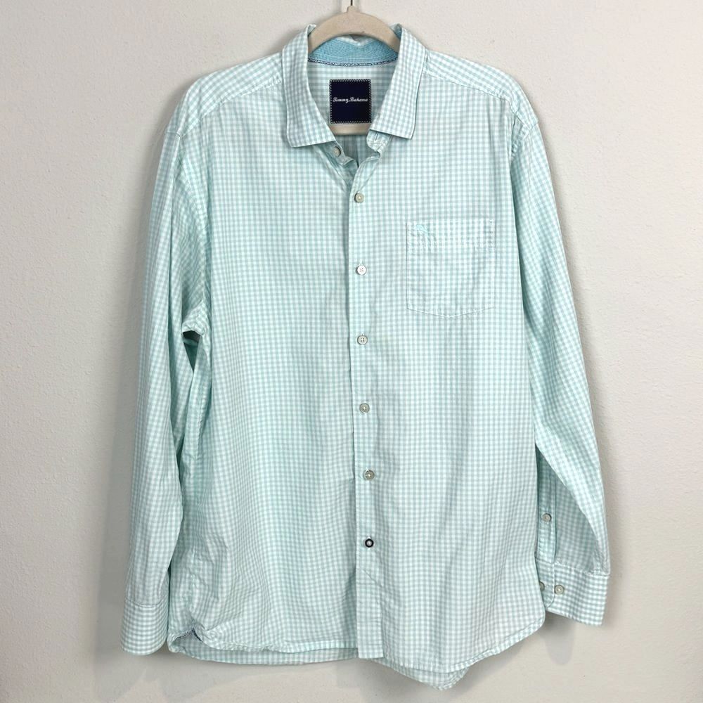 Tommy Bahama Aqua Plaid Pima Cotton Button Up Shirt L